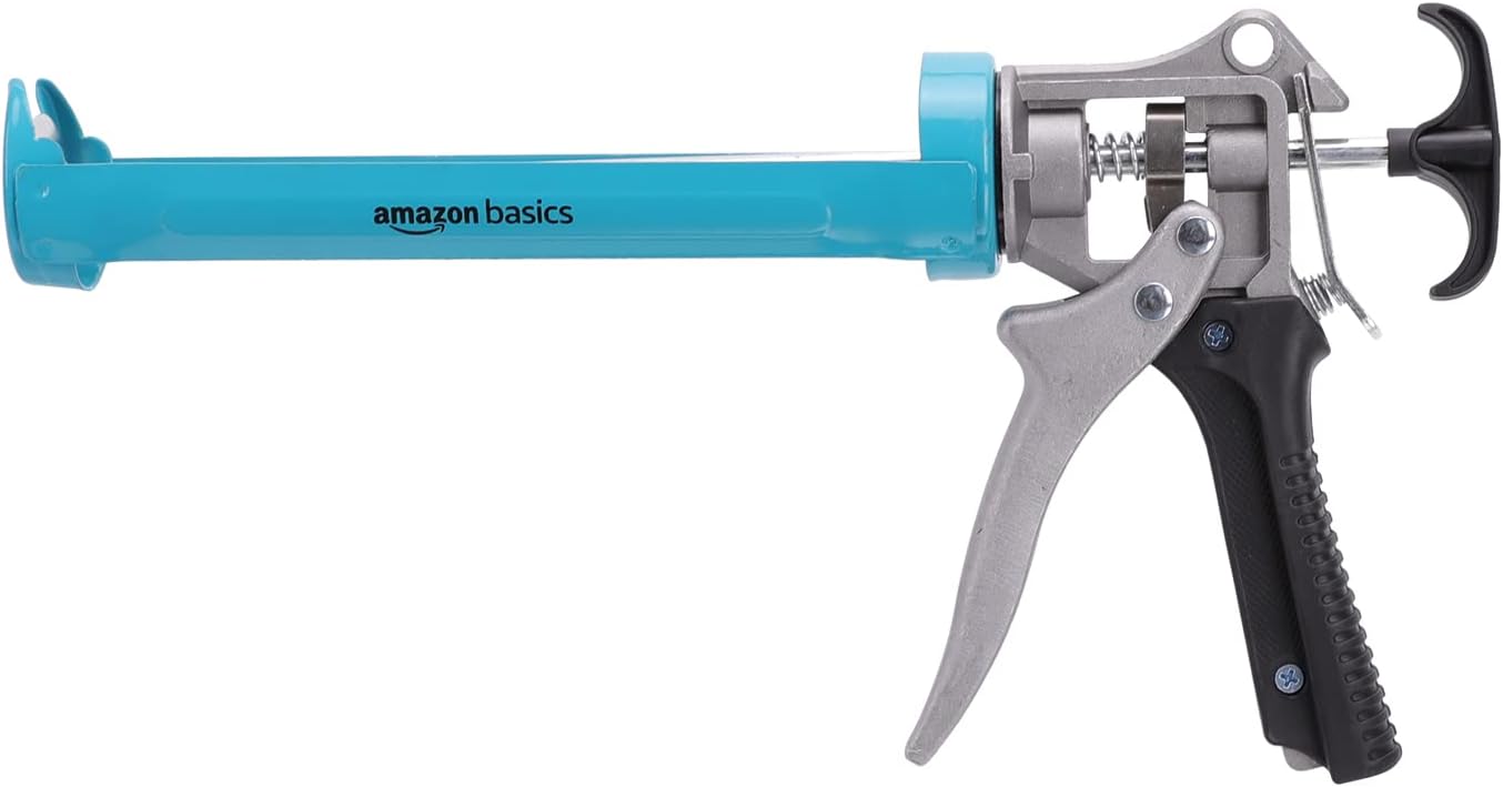 Amazon Basics Heavy Duty Sealant Caulking Gun - 310 ml (0.3 Litres) - 12:1 Thrust Ratio, Aluminium handle with plastic support grip, Blue/Grey