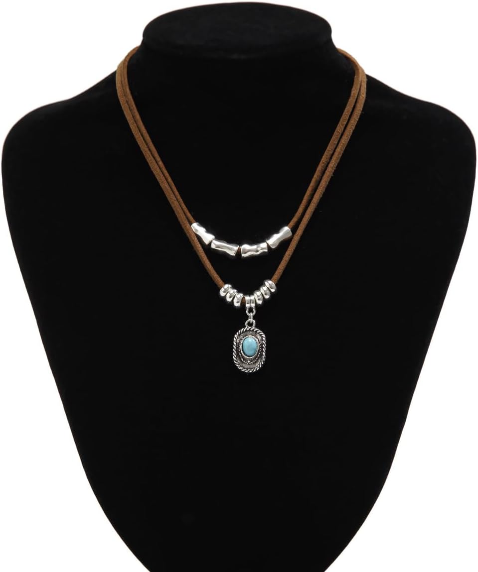 Western Necklaces Boho Layered Charm Necklace for Women Turquoise Beaded Choker Ox-head Pendant Necklace Western Jewelry for Women Cowgirl Accessories - Image 6