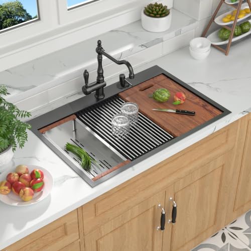 Fregadero de cocina 33 pulgadas de acero inoxidable negro Mocoloo 50/50 2