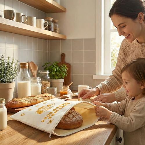 2-Pack Extra Large Beeswax Bread Bags with Zipper Seal – Reusable Bread Storage Bags, Eco-Friendly Natural Beeswax Lining, to Keep Homemade Bread Fresh for Sourdough & Artisan Loaves (yellow) | with Zipper, reusable #1
