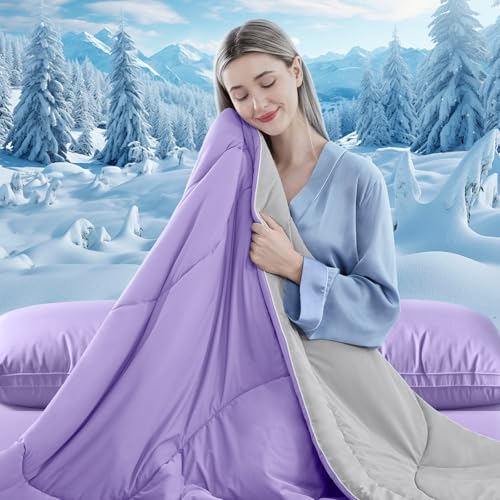 Image of Cooling Comforter Queen Size, Double-Sided Cooling Blanket for Hot Sleepers & Night Sweats, Arc-Chill Q-Max > 0.4 Breathable Ice Blanket, Lightweight Cold Comforter (80''x90'', Purple)