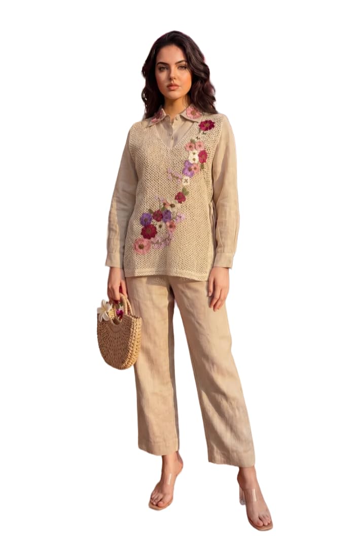 Women's Beige Floral Embroidered Knit Vest Co-ord Set-picture-45
