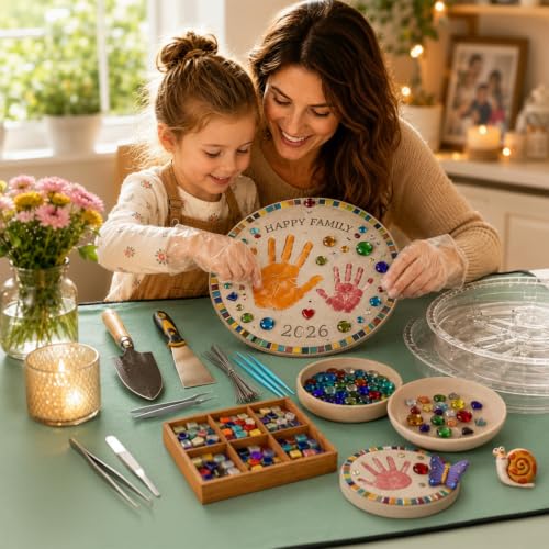 LNPUCEZI DIY Stepping Stone Kit with 5-Size Concrete Molds, Garden Stepping Stones Maker Set with Mosaic Tiles, Letter Stamps & Rebar Wires, Kids Handprint Keepsake Crafts (No Cement Mix) by LNPUCEZI - Used condition - Image 7