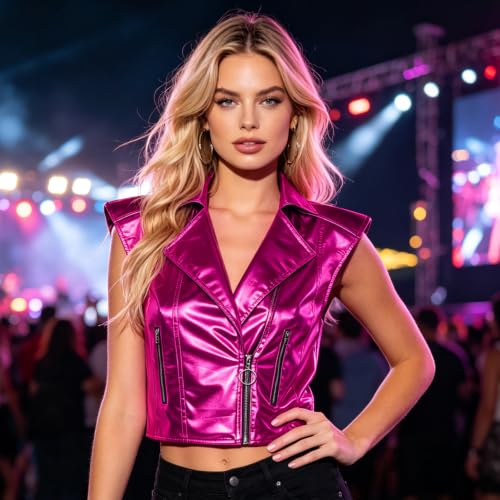 Blazer chaleco corto brillante ajustado con cuello solapa para mujer 3