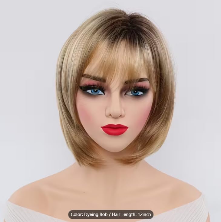 Image of 12-inch Layered Blonde Bob Wigs for White Women with Bangs, Straight Short Hair Wig, Synthetic Ombre Blonde Highlight Bobo Natural Daily Party Wig (Blonde)