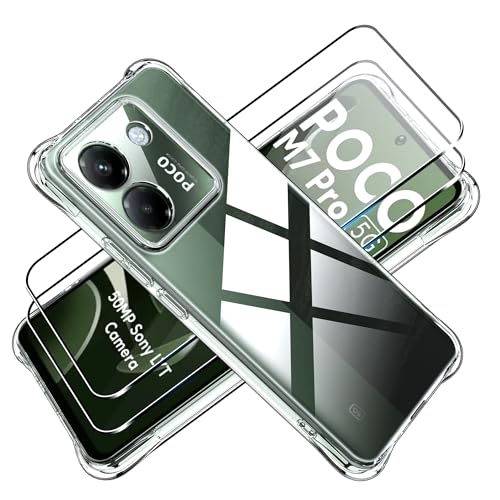 Tieeyivv Funda para Poco M7 Pro 5G Case con 2 Piezas Protector de Pantalla Cristal Vidrio Templado Transparente TPU Soft Incorporado Cover Anti-rayones, Anti-Amarilleo Protección Bumper