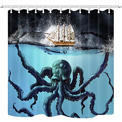 Shocur Nautical Shower Curtain, Ocean Black Kraken Octopus Tentacles Attack Ship Sail Wooden Boat, 72 X 72 Inches Polyester Fabric Bathroom Decor Set With 12 Hooks #TOP18
