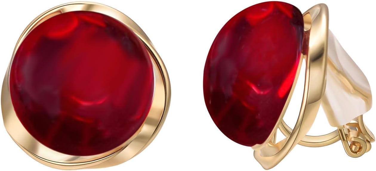Yoursfs Large Red Ruby Clip On Earrings for Women Red Round Non Pierced Clip On Earrings Dainty and Elegant Bridal Bridesmaid Jewelry