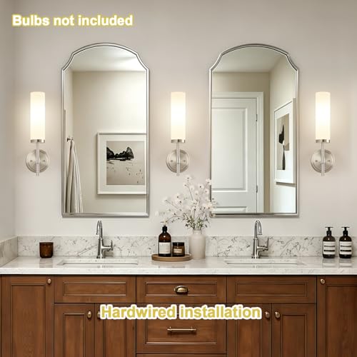 Image of [Hardwired] Wall Sconces Set of Two, Brushed Nickel Bathroom Sconces with Milky White Glass, Modern Wall Light Fixtures for Bathroom Mirror Vanity, Living Room, Hallway, Stairway, Cabinet, Foyer