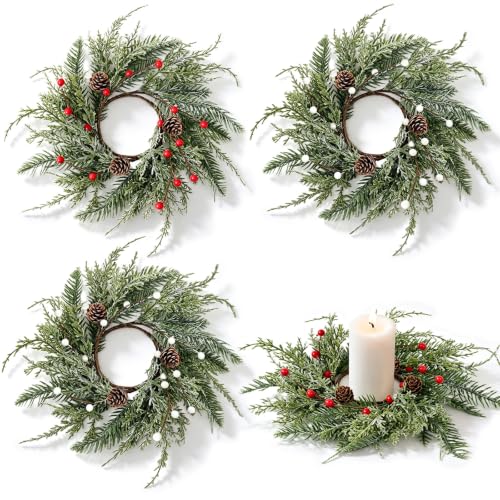 Image of 4 PCS Christmas Wreath Candle Rings Mini Wreath Pine Garland Artificial Frosted Cedar and Pine Cone Candle Rings Holder for Christmas Wedding Home Table Centerpiece Door Window Chair Wall