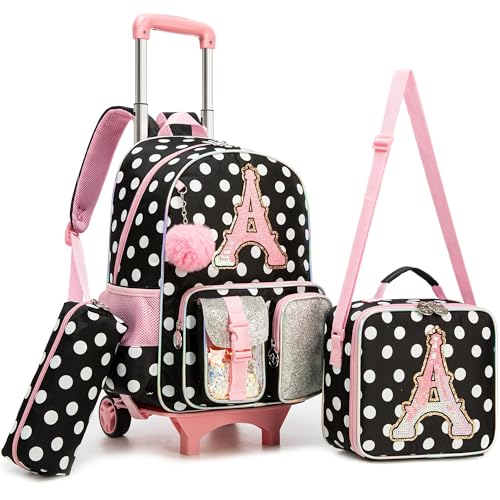 Image of HTgroce Cute Rolling Backpack for Girls Kids with Lunch Box & Pencil Case 3pcs Girls Rolling Backpacks for Elementary Middle School Bag with Wheels (Dot Letter A)