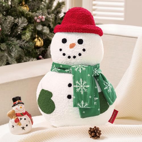 Phantoscope Merry Christmas Shaped Throw Pillow Teddy Sherpa Snowman Pillow with Scarf & Hat Xmas Snowman Decorative Pillow for Couch Living Room Bed Green 16.5 x 10.5 inches