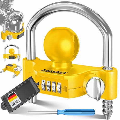 MASKO® Anhängerschloss Zahlenschloss mit 4 Stellig Code für gängige Anhängerkupplung Anhängerkugelsperrkupplung einfache Montage Diebstahlschutz Wohnwagen Anhänger Abschleppsperre Stahlbügel Gelb