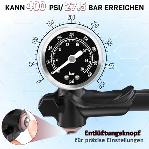 AEYINO Schockpumpe Mountainbike-Federungspumpen Luftgabel-Stoßdämpfer 300 psi / 400 psi Hochdruck-Stoßdämpferpumpen mit Manometer für MTB/Rennräder Keine Luftverlust-Schraderventil-Fahrradwerkzeug