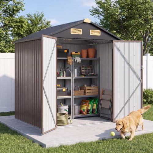 Image of IRONCK 5.7x5.7FT Outdoor Storage Shed with Vent, Outdoor Shed, Brown | Lockable Doors, Impact Corners, Galvanized Steel, Tool Shed for Poolside, Patio, Backyard