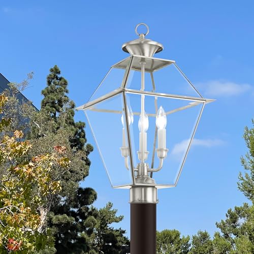 Image of Livex Lighting Lantern 2384-91 Transitional Three Light Post-Top Lanterm from Westover Collection in Pwt, Nckl, B /S, Slvr. Finish, 12.00 inches, 21.5x12.00x12.00, Brushed Nickel