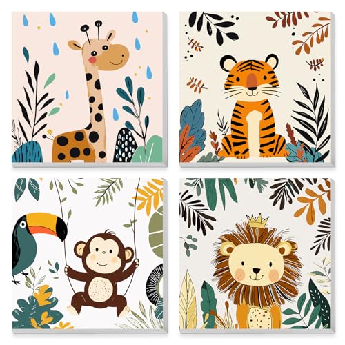 MAXBYE 4 Pack Animales Adorables Pintar por Numeros Niños con Marco, Kit de Pintura por Números al óleo de Lienzo DIY, Niños Pintar by Number Kits Pigmento Acrílico, Regalo Decoración Hogar 20x20cm