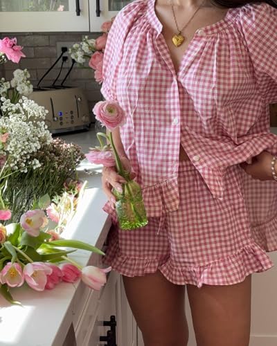 Image of codcm Womens 2 Piece Ruffle Pajama Set Gingham Pjs Short Sleeve Babydoll Shirt and Shorts Plaid Summer Outfits