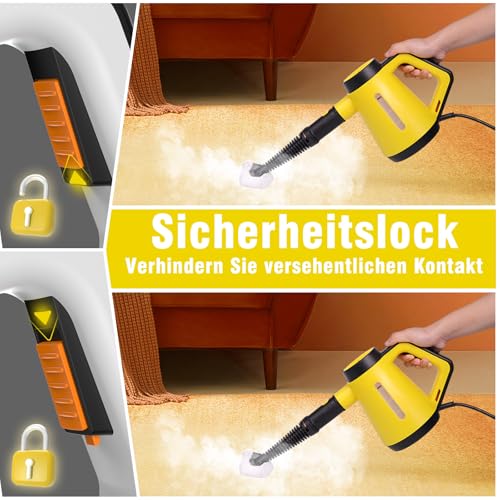 Fippesax Handdampfreiniger, 400 ml Druck-Mehrzweckdampfreiniger mit 9-teiligem Zubehör, chemikalienfreier Dampfreiniger für den Heimgebrauch, Reinigung von Böden, Fliesen, Fenstern, Sofas (Gelb)