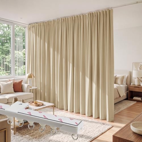 Image of RYB HOME Room Divider Curtains with Straight Ceiling Track, Heavy Duty Blackout Privacy Sliding Partition Panel for Bedroom /Living Room /Patio /Studio, W100xL95, Beige, 1 Panel