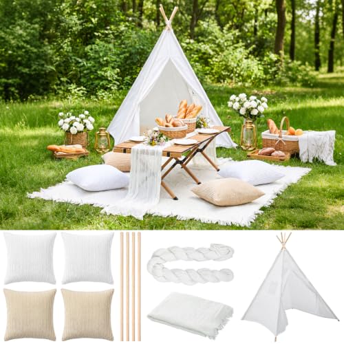 Chicplaid 7 Pcs Boho Camping Decor Set with Teepee Tent, Large Picnic Blanket 71x71, 4 Pillow Covers & Table Runner, Aesthetic Glamping Kit for Indoor Outdoor Party, Proposal, Photoshoot (Beige)