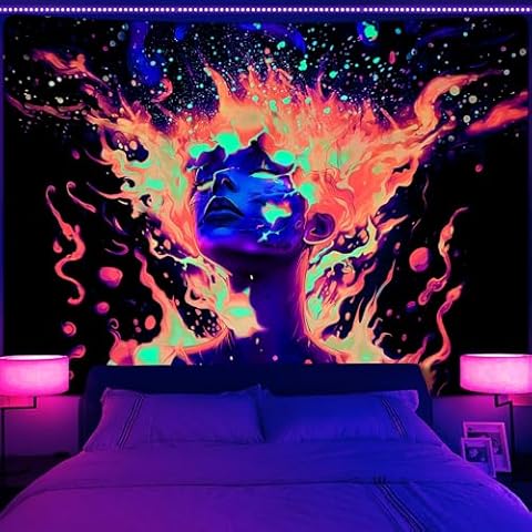 Uspring Blacklight Trippy Tapestry Fire Tapestry Wall Hanging Neon Girl Tapestry Glow in the Dark Tapestries Psychedelic Aesthetic Tapestry for Bedroom Home Dorm Decor (59.1 x 59.1inches) Cover