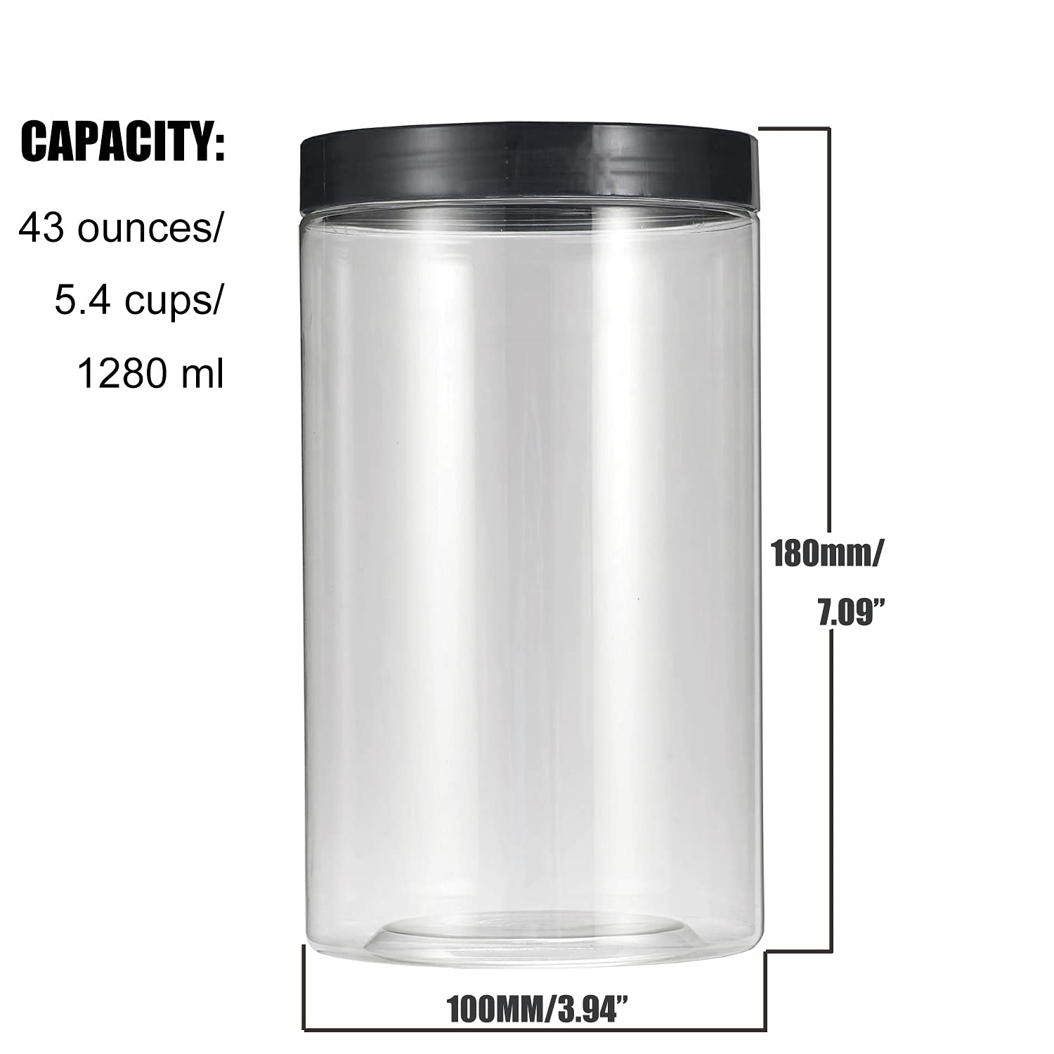 Barattoli in plastica trasparente da 1280 ml, con coperchi ed etichette neri lisci, bocca larga, senza BPA, barattoli in PET per casa e cucina, organizzazione e conservazione della dispensa