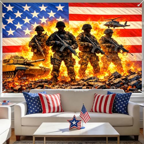 Image of IVN Patriotic Soldier Backdrop Banner 71 x 43 Inch 4th of July Veterans Day Memorial Day Banner Decorations Supplies Independence Day Themed America Independence Day Backdrop
