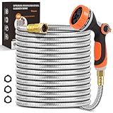 SPRIKIR Metal Garden Hose 100 ft, Stainless Steel Water Hose 100ft with 10 Function Nozzle & 3/4 Copper Fitting, Heavy Duty & Flexible, Kink Free & Lightweight for Yard, Outdoor, Lawn, Patio & Car