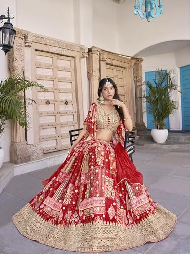Image of Women's Digital Print With Zari Dori Embroidery Work Chinnon Silk Lehenga Choli With Dupatta (Women-Lehenga-Choli-New; Free size)