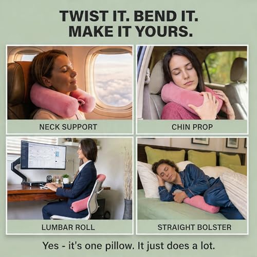 Image of Dot&Dot Twist Memory Foam Travel Pillow, Bendable Neck Pillow for Airplane, Car and Home, 26-Inch Adjustable Roll with Washable Cotton Cover, Pink