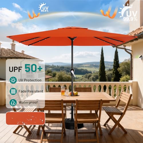 Image of AreShark 8' X 10' Rectangular Patio Umbrella with Solar Lights, Lighted Solar Umbrella with Crank, Outdoor Table Umbrella for Garden, Deck, Backyard, Pool and Beach, Orange