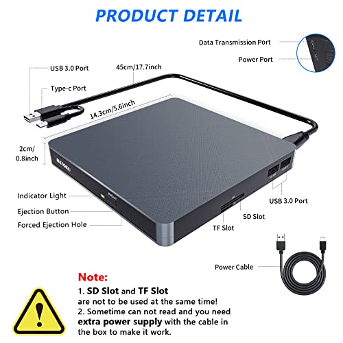 Image of HATOKU External CD /DVD Drive for Laptop (USB 3.0 & USB-C): 8X DVD /24X CD Burner - Portable DVD Player for Laptop - Plug & Play External CD Drive for PC Desktop Windows 11 10 8 7 MacOS Linux (Grey)