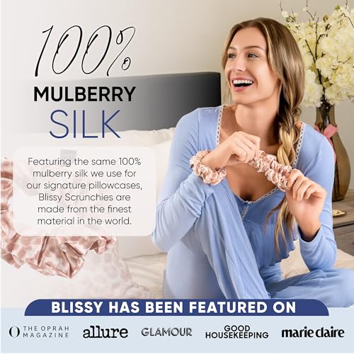 Image of Blissy Silk Scrunchies (3 Pack) - 100% Pure Mulberry Silk - 22 Momme 6A High-Grade Fibers Scrunchie for Straight & Curly Hair (Nicole Miller - Mauve Cheetah, Regular)