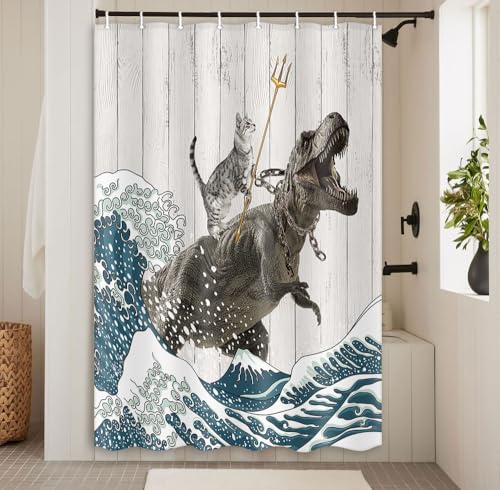 Image of Boziqr Funny Cat Shower Stall Curtain, Cool Cat Dinosaur Japanese Ocean Wave Decor Fabric Bathroom Curtains, Kids Children Rustic Wooden Farmhouse Shower Curtain, 48 X 70 Inches