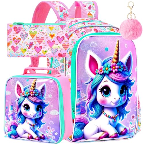 Image of WZLVO 3PCS Kids Backpack for Girls, Unicorn Dinosaur Animal Prechool Elementary Kindergarten School Bookbag with Lunch Box