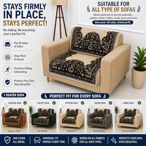 Image of Homerz Premium 'Maharaja Paradise Series' Sofa Cover | Net Fabric Sofa Cover | Washable, Anti-Dust Backed & Wrinkle Resistant Cover (Beige Empress, 1 Seater, Seat Cover with Backrest)
