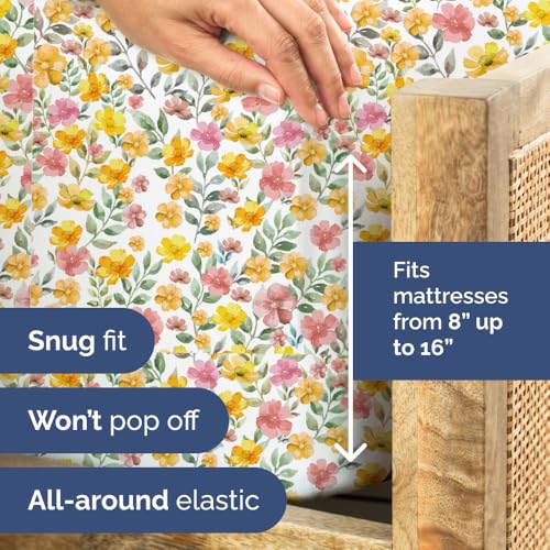 Image of Twin 3 Piece Floral Sheet Set - Breathable & Cooling - Sun Kissed Bloom | 1 Flat, 1 Fitted & 1 Pillowcase w / Deep Pockets, Boho Botanical Floral Bedding, Breathable & Cooling, Wrinkle & Fade Free