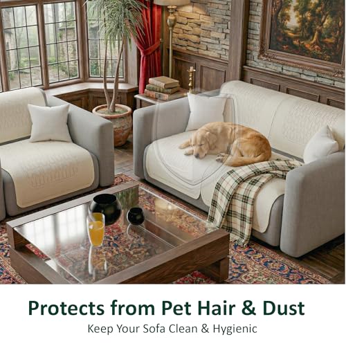 Image of Kuber Industries 2+1 Seater Sofa Cover | Slipcover for Living Room | Thick & Cozy | Non-Slip Comfort Sofa Cover Set | Columbia 258003 - Cream