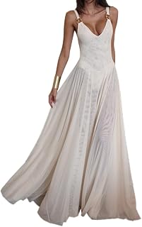 Lexamen Women's Sexy Deep V-Neck Sleeveless Mesh A-Line Cocktail Party Wedding Dress