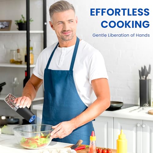 Gravity Electrical Salt and Pepper Grinder set of two, Automated Salt And Pepper Grinder Set, Adjustable Roughness, Battery Powered, LED Mild, 2 Pack, (Black) - Image 7