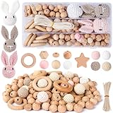 ARTREE Conjunto de cuentas y anillos de madera, 113 piezas de haya Cuentas redondas de madera con agujero para ensartar, cuentas de para macramé kit de manualidades DIY.