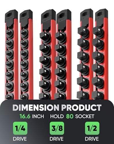 Image of ALOANES Magnetic Socket Organizer Set, 6PC Heavy Duty Aluminum Socket Holder Organizer, 360 Swivel Clips Socket Holder Kit for Toolbox Drawer Fit 1 /2, 3 /8, 1 /4-Inch x 80 Clips (Red, 6PC)