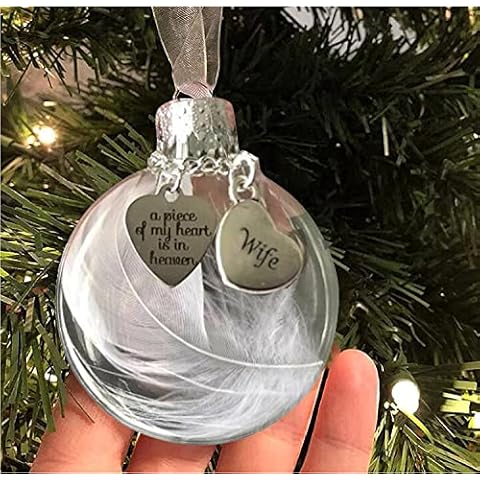 BTORER Clear Christmas Memorial Ornaments Angel Feather Ball-A Piece Of My Heart Is In Heavens Memorial Hanging Pendant Christmas Tree Decorations 2.4''/60mm Round Ball Ornament Keepsake Gifts (Wife) Cover