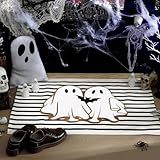 Duraaamo 2 Pcs Halloween Coir Doormat Outdoor Ghost Welcome Mat Layered Buffalo Plaid Black and White Rug Natural Coir Door Checkered Mat for Halloween Front Porch Entryway Decor