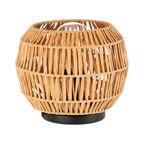 EGLO Tischlampe Sheldon, runde Deko Tischleuchte Wohnzimmer, Nachtischlampe Boho, Schlafzimmer Lampe mit Lampenschirm aus Bast Papier, E27 Fassung, Ø 21 cm