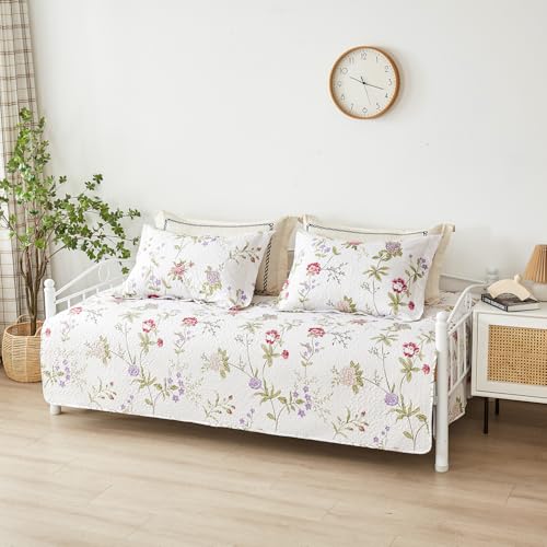 Image of Jarson 3 Pcs Floral Daybed Cover Set Twin Size Beige Purple Flower Sofa Cover Bedding Sets Double Side Bed Set for All Season Botanical Pattern Daybed Quilt Set with Pillow Shams