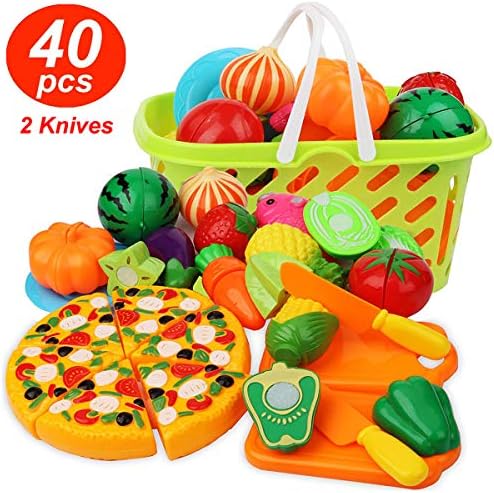 Cutting Play Food Set Kitchen Pretend - 40pcs Grocery Basket Toys Food for Kids Toddlers Girls Boys Educational Fake Fruits Vegetables Pizza Knife Dishes Playhouse Accessories Xmas Gifts