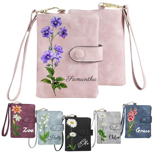 Personalized Wallets for Women,Custom Birthday Flower and Name,With Detachable Wristlet Strap,Gifts for Mother,Girlfriend,Wife on Anniversary,Birthday,Christmas,Thanksgiving,Mother's Day (Style A)