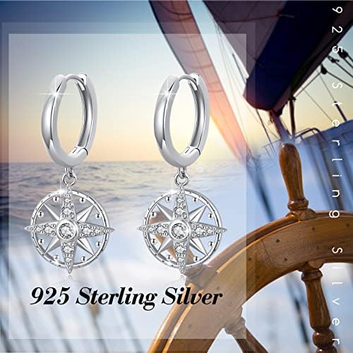 Compass Earrings for Men 925 Sterling Silver Compass Hoop Earrings for Women Viking Earrings Hanging Small Hoop Viking Jewellery Valentines Gift for Girls Children